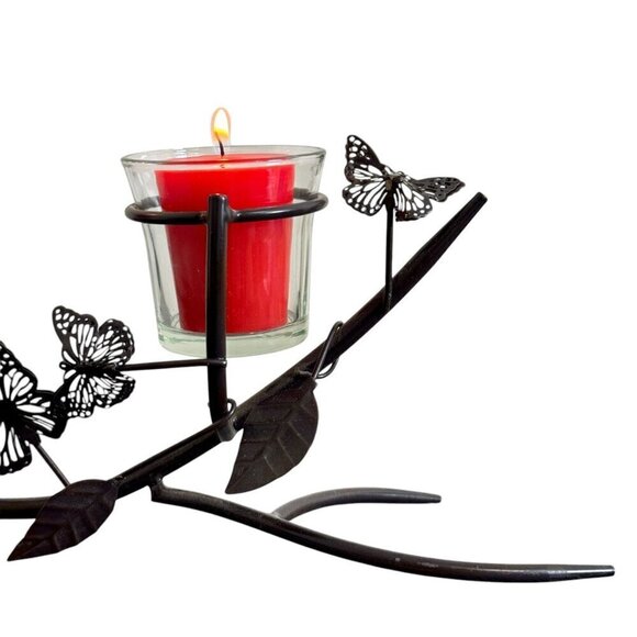 Vintage Rustic Style Butterfly and Leaf 3-Arm Metal Candle Holder 15" Length - Picture 4 of 7